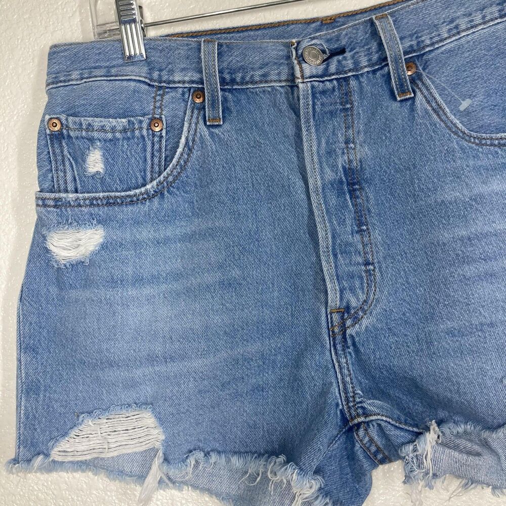 Levis 501 Shorts Womens 31 Blue Distressed Denim High Rise Cut Off Button Fly - Picture 3 of 15